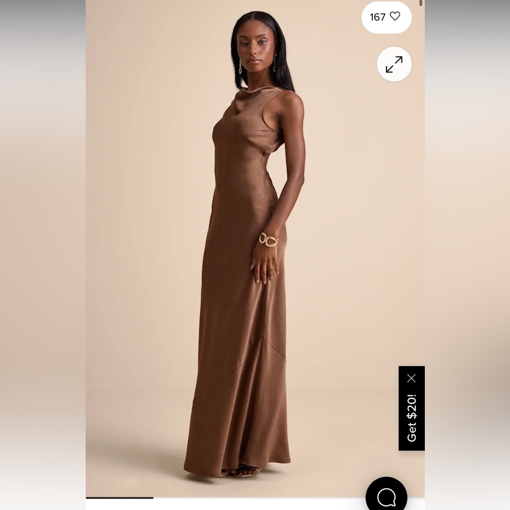 Alisha Brown Crinkle Satin Backless Maxi Dress